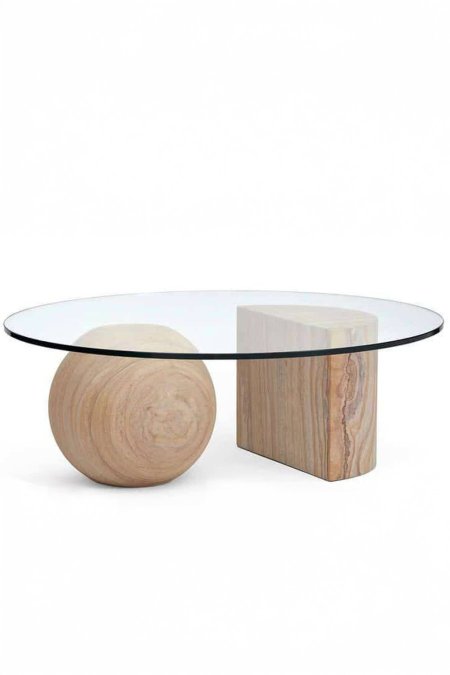 ⚪ طاولة زجاجية بقاعدتين هندسيتين من الحجر الطبيعي